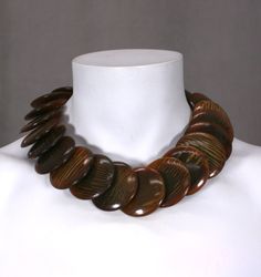 Monies Faux Tortoise Disc Necklace image 2 Antique Brown Carved Jewelry, Modern Brown Round Jewelry, Unique Brown Resin Necklaces, Brown Bakelite Jewelry As A Gift, Brown Bakelite Jewelry Gift, Handmade Retro Bakelite Jewelry, Unique Brown Round Necklace, Handmade Round Bakelite Jewelry, Vintage Brown Necklace For Formal Occasions