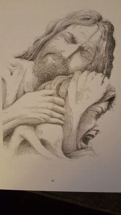 a pencil drawing of two people with one holding the other's face to their chest