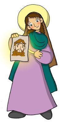 a woman in a purple dress and hat holding a drawing of jesus on a white background