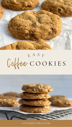 chocolate chip cookies stacked on top of each other with the words easy coffee cookies above them