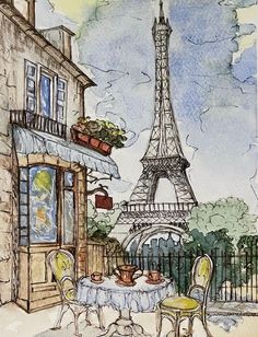 a painting of the eiffel tower in paris, france with tables and chairs