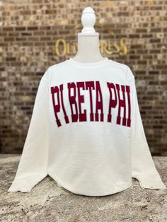 Pi Beta Phi Sweatshirt White T-shirt With Ribbed Cuffs For College, White Varsity Top With Ribbed Cuffs, Sporty Waffle Knit Cotton Tops, Sporty Cotton Waffle Knit Tops, White Waffle Knit Top With Relaxed Fit, Sporty Waffle Knit Long Sleeve Tops, Sporty Long Sleeve Waffle Knit Top, White Waffle Knit Top For Loungewear, White Collegiate T-shirt For Winter