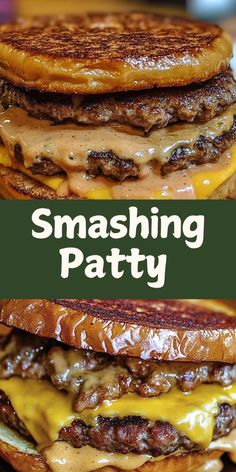 two cheeseburgers stacked on top of each other with the words, smashing patty