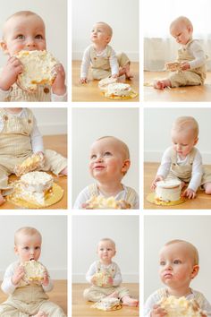 a collage of baby pictures eating cake and sitting on the floor in front of them