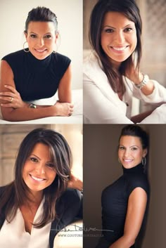 four different pictures of a woman in black and white