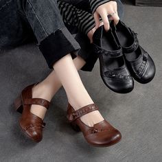 Gender: Women Item Type: Casual Shoes Main Material: Cow Leather Style: Casual, Classic, Retro Season: Spring, Autumn Heel Type: Heels Outsole Material: Rubber Heel Height: Mid-Heel (3-5 cm) Size Length cm inch 35 22.5 8.86 36 23 9.06 37 23.5 9.25 38 24 9.45 39 24.5 9.65 40 25 9.84 Fall Block Heels With Buckle Closure And Round Toe, Fall Mary Jane Block Heels, High Heel Mary Janes With Heel Strap For Fall, Fall Office Mary Janes With Block Heel, Brown Round Toe Block Heels For Office, Brown Block Heels With Round Toe For Office, Brown Block Heels For Office With Round Toe, Fall Closed Toe Block Heels, Vintage Block Heel Heels For Fall