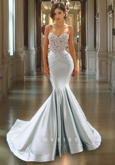 This elegant L9031 - Spaghetti Straps Beads Mermaid Prom Formal Dress is the perfect choice for a formal event. Making a stunning entrance, this dress features intricate beading detail on the bust and mermaid-style skirt. The spaghetti straps assure a comfortable fit. Perfect for any special occasion! Satin Mermaid Dress, Trumpet Prom Dress, Prom Dress With Train, Mermaid Style Dress, Sweetheart Prom Dress, Mother Wedding Dress, Prom Dress Styles, Evening Dress Fashion, Mermaid Silhouette