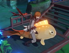 an animated character riding on the back of a fish