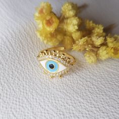 Evil Eye Ring | Hand Painting Blue Eye Ring, 925 Sterling Silver, Handmade Eye Ring, Eye Amulet, Adjustable Evil Eye Ring, Witch Ring Evil Eye Handmade Ring 🧿 Product Details; - Crafted with High Quality 925 Sterling Silver - 14k Gold-Plated and enameled - Unique and delicate design - The ring is adjustable easily by hand that will fit on your fingers ✈️✈️✈️ EXPRESS & FREE SHIPPING ✈️✈️✈️ - All items come in nicely packaged beautiful jewelry boxes ready to gift - All of our products are exclusi Handmade Yellow Gold Enamel Ring Gift, Blue Enamel Round Rings, Evil Eye Ring Jewelry Gift, Blue Enamel Open Ring Jewelry, Gold Enamel Ring In Sterling Silver, Gold Enamel Ring In Sterling Silver Fine Jewelry, Adjustable Symbolic Blue Rings, Symbolic Adjustable Blue Rings, Fine Jewelry Enamel Open Ring For Gift