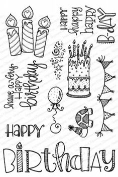 a birthday card with the words happy birthday written in black and white ink on it