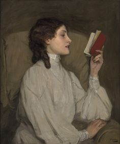 a painting of a woman holding a book up to her face while sitting in a chair