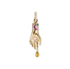 This bejeweled hand has the sweet touch of pure gold Hand carved in wax and cast in solid 14K gold with a single drop of pure 24K gold dripping from the finger tip Multi-colored sapphires and rubies adorn the wrist, diamond encrusted bail easily fits over standard clasps, and a single .15 carat diamond dazzles within t Colored Sapphires, Skull Icon, Ring Icon, Gold Drip, Chevron Arrows, Chevron Earrings, Chevron Bracelet, Chevron Necklace, Chevron Ring