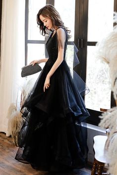 Black V-Neck Tulle Layers Long Formal Dress A-Line Black Party Dress Layers Long, Black Party Dress, Long Formal Dress, Black Party Dresses, Dress A Line, Black Party, Formal Gowns, British Indian, Bride Dress