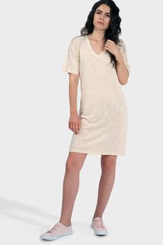 DESCRIPTION: A textured t-shirt dress with a relaxed fit, v-neck and length above the knee. Perfect on-the-go or lounging in style. Silky-soft, breezy and breathable - A natural beauty.FABRIC CONTENT: 55% Organic Cotton, 45% Bamboo RayonCARE: Machine... Clothes Designer, Designer Style, Ethical Fashion, Leisure Wear, Above The Knee, Slow Fashion, T Shirt Dress, In Style, The Knee