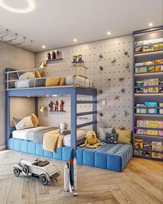 a bedroom with bunk beds and toys on the floor