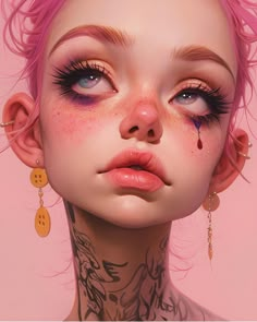 a painting of a woman with pink hair and tattoos on her face, wearing gold earrings