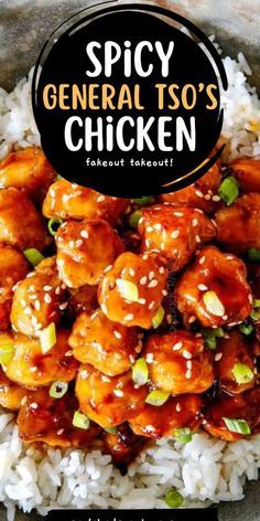 the cover of spicy general tso's chicken is shown on top of rice