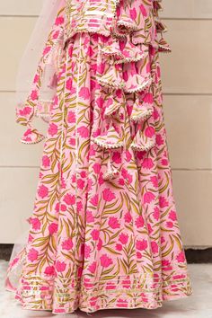 Tulsi Pink Cotton Hand Block Skirt Set online in USA | Free Shipping , Easy Returns - Fledgling Wings Pink Block Print, Kurti Skirt, Pink Skirt Set, Kurta Skirt, Short Kurti, Sharara Set, Net Dupatta, Hand Block Print, Lace Border