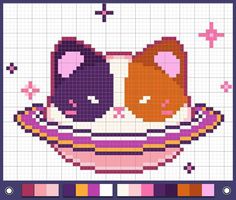 a cross stitch pattern with an image of two cats sleeping in a basket on top of each other