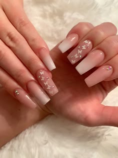 Elegant Nails Butterfly, Simple Nails With Butterflies, Nail Ideas With Butterflies Short, Neutral Nails With Butterflies, Short Coffin Butterfly Nails, Short Pink Nails With Butterflies, Pink Butterfly Acrylic Nails Almond, Butterfly Nail Inspiration, Cute Short Butterfly Nails