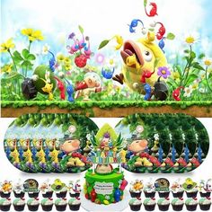 a cake and cupcakes in the shape of cartoon characters on a flowery field