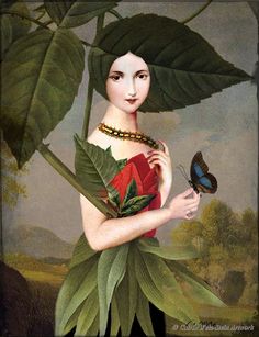 a painting of a woman holding a butterfly