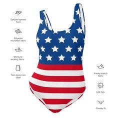 Introducing our women’s American Flag Bathing Suit - this comfortable and stylish patriotic swimsuit will bring out your best features!Made from high-quality, chlorine-resistant fabric, this American flag swimsuit is designed to last through countless trips to the pool or beach. With its cheeky fit, scoop neckline, and low scoop back, this USA swimsuit is both flirty and functional, providing just the right amount of coverage while showing off your best asset on Independence Day.Whether you're l Usa Swimsuit, American Flag Bathing Suit, Patriotic Swimsuit, American Flag Swimsuit, Spandex Fabric, Summer Wardrobe, Scoop Neckline, Bathing Suit, Independence Day