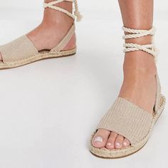 Asos June Tie Rope Espadrilles Comfortable Relaxed Material Great For Summer Selling Due To Getting The Wrong Size (Has Stretch) Casual Ankle Strap Espadrilles For Beach Season, Casual Ankle Strap Espadrilles For Vacation, Beige Ankle Strap Espadrilles For Beach, Comfortable Lace-up Sandals For Spring, Casual Adjustable Flat Heel Espadrilles, Lace-up Espadrilles With Cushioned Footbed For Beach, Beige Lace-up Espadrille Sandals, Casual Ankle Strap Espadrilles For Spring, Lace-up Espadrilles For Spring And Summer