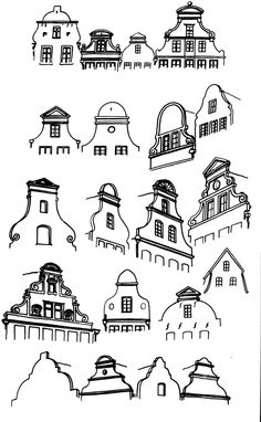 black and white drawing of houses with different angles on them, including the roof tops