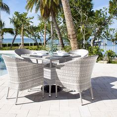 an outdoor dining table and chairs with palm trees in the background