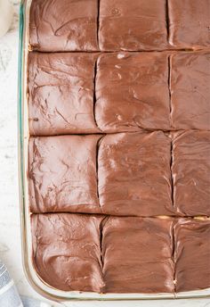 chocolate fudge cake in a glass baking dish