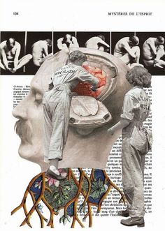 a collage of images with people in the background and an image of a man's head