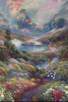 a painting of flowers and clouds in the sky above a river with water running through it