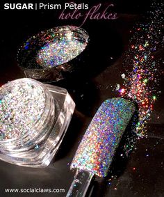 SUGAR | Prism Petals (holo flake) Holographic Nails Acrylic, Bed Of Nails, Sugar Glitter, Nail Coat, Eye Pigments, Nail Effects, Lip Cosmetics, Stiletto Nails Designs, Glow Nails