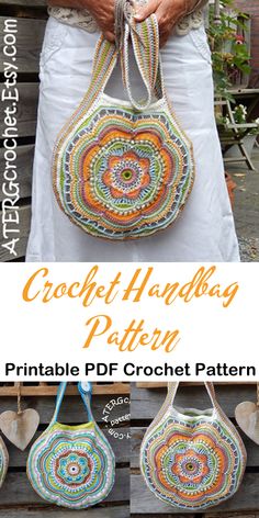 the crochet handbag pattern is shown in three different pictures, including one with a