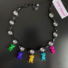 Brand New With Tags Betsey Johnson Punk N Spice Gummy Bear Statement Necklace Multi Large Link Necklace Adorned With Glistening Stone Gems And Mixed Charms At The Front Including; Colorful Gummy Bears.The Necklace Has An Adjustable Lobster Clasp Closure Made From Metal And Glass. Lobster Clasp 16" + 3" Extender Frontal Drop: 1.25"-1.5" 1 Multicolor Punk Jewelry For Parties, Punk Multicolor Party Jewelry, Besty Johnson, Slider Necklace, Frog Necklace, Floral Statement Necklace, Tiered Necklace, Bee Jewelry, Fun Jewelry