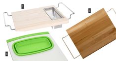 four different cutting boards, one with a wooden board and the other with a green cutting board