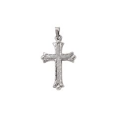 White Gold Budded Ends with Florentine Finish Cross Pendant Hallmarked White Gold Cross Pendant, Classic Engraved Crucifix Cross Necklace, Elegant White Gold Crucifix Jewelry, Engraved White Gold Cross Charms, Elegant Engraved Cross Pendant, Classic White Gold Cross Charm, Classic White Gold Cross Jewelry And Charms, Elegant Cross Charms For First Communion, Elegant Cross Jewelry And Charms For First Communion