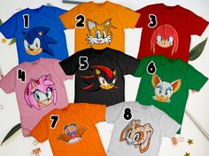 sonic the hedgehog t - shirts with numbers on them and their names in different colors