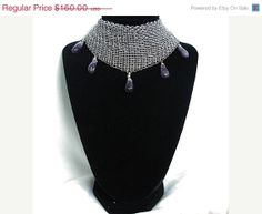 ON SALE Stainless steel Mesh bib necklace with by Raquelchelouche, $136.00 Elegant Purple Chain Necklace For Gift, Elegant Chainmail Necklace For Party, Elegant Chainmail Necklaces For Party, Elegant Metal Bib Necklace With Chain, Elegant Purple Metal Necklace, Elegant Purple Choker Jewelry, Metal Bib Necklace With Chain, Elegant Black Chainmail Jewelry, Adjustable Metal Bib Necklace