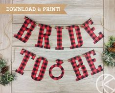 the bride and groom banner is hung on a wooden floor with pine cones around it