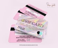 three pink credit cards sitting on top of each other with the words, visa card