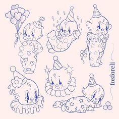 some cartoon characters with birthday hats and balloons