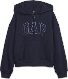 Soft knit hoodie.  Hooded neckline.  Long sleeves with dropped shoulders and banded cuffs.  Gap arch logo at front.  Front kanga pockets.  Banded hem.  Straight, easy fit.  Hits at the hip. Navy Blue Gap Hoodie, Cute Gap Hoodie, Gap Hoodie Outfit, Black Hoodie Style, Black Zip Up Hoodies, Gap Hoodies, Clothes For School, Hoodie Gap, Gap Hoodie