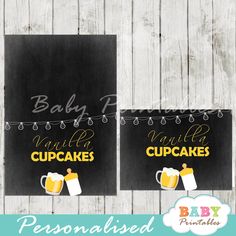 two baby shower signs that say vanilla cupcakes and beer mugs on them