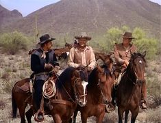 three men are riding horses in the desert