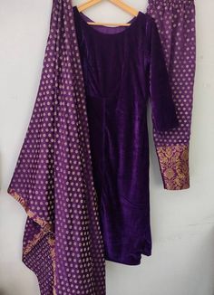 Designer Indian Pakistani Purple Velvet Salwar Kameez Suit Dupatta Custom stitched for Stitched for Semi-stitched Purple Anarkali Unstitched Suit, Festive Dress With Traditional Patterns, Festive Dress With Traditional Patterns For Celebration, Purple Long Sleeve Unstitched Suit For Party, Semi-stitched Long Sleeve Art Silk Dresses, Purple Long Sleeve Sets With Self Design, Designer Bollywood Kurta With Traditional Patterns, Bollywood Designer Kurta With Traditional Patterns, Purple Self Design Kurta For Eid