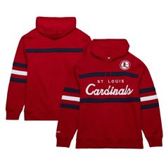 Outdo colder weather in this St. Louis Cardinals Head Coach hoodie. Its design by Mitchell & Ness features a throwback team logo and contrasting stripes that highlight the embroidered lettering. Fleece lining provides this St. Louis Cardinals pullover with a built-in layer of warmth and softness. Hooded Front pouch pocket Machine wash, tumble dry low Officially licensed Pullover Fleece lining Embroidered graphics Imported Long sleeve Material: 80% Cotton/20% Polyester Midweight hoodie suitab St Louis Cardinals Logo, Logo Making, St Louis Cardinals, Red Hoodie, Mitchell & Ness, Color Stripes, Cardinals, St Louis, Appliques