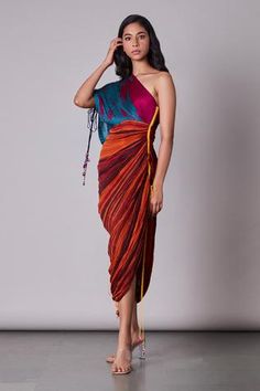 Shop for Saaksha and Kinni Multi Color Cotton Silk One Shoulder Saree Dress for Women Online at Aza Fashions Drape Dresses Indian, Pleated Saree, Sari Dress, Looks Black, Saree Dress, Indian Fashion Designers, Draped Dress, Inspired Dress, Dress For Women