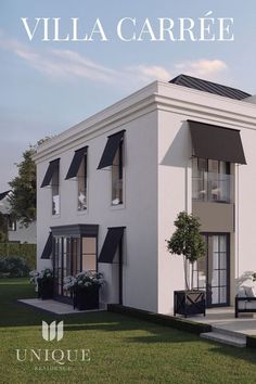 an architectural rendering of a house with black and white shutters